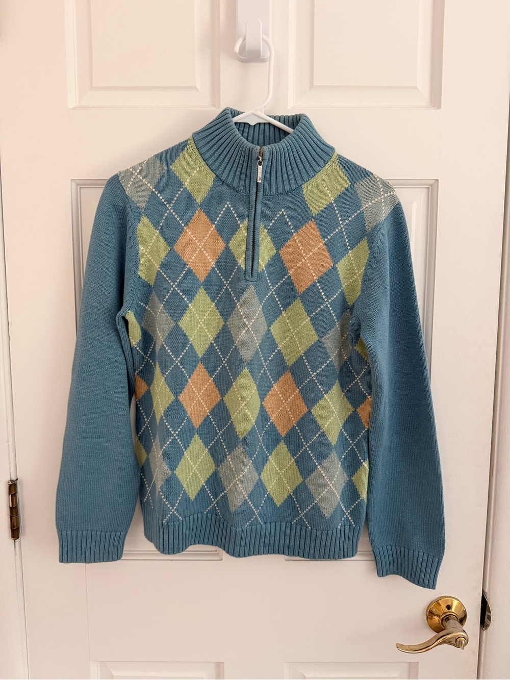 Blue Argyle Half-Zip Sweater with Green and Tan Diamonds